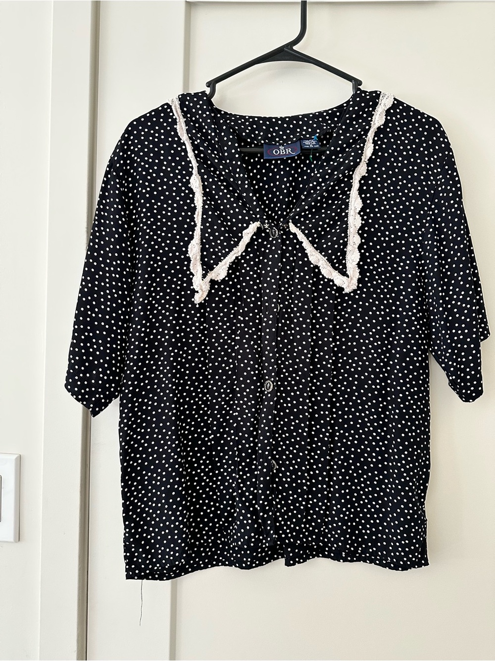 Vintage Black Polka Dot Lace-Trim Button Front Top